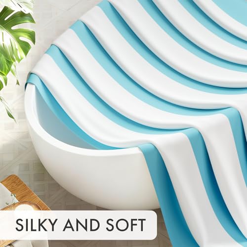 Image of AmazerBath Blue Vertical Stripes Shower Curtain, Cute Blue Stripe Bathroom Shower Curtain with 12 Shower Curtain Hooks, Rustic Fabric Blue and White, 72x72 Inches