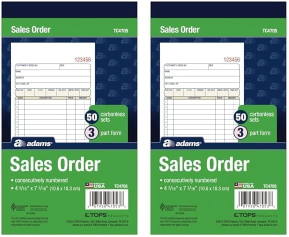 Adams Libro de pedidos de ventas, 3 partes, sin carbono, 4-316" X 7-316" pulgadas, 50 juegos, blanco, canario y rosa (TC4705) (paquete de 2)
