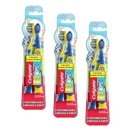 Image of Colgate Bluey Extra Soft Kids Toothbrush Pack, 3 Count, Blue, Extra Soft Bristles, Tongue Cleaner, Manual, Reusable, Kids Ages 2+