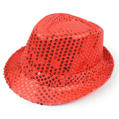 Ankelesz Sequin Hat for Man and Women,Western Sequin Fedora Hat Bling Dance Hats (Red)