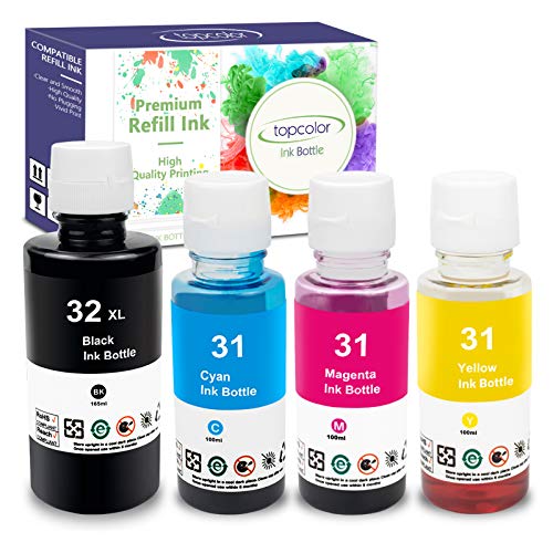 Topcolor Compatible Dye Ink Bottle Replacement for HP 31 32XL Work for HP Smart-Tank Plus 551 651 Wireless All-in-One Ink-Tank Printer (165ml Black, 100ml Cyan, 100ml Magenta, 100ml Yellow, 4-Packs)