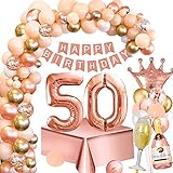 💃🎈【Decoraciones 50 Cumpleaños Gran Valor】 - Nuestro kit de decoraciones de fiesta de cumpleaños de oro rosa incluye: 43 globos de látex, 1 pancarta de feliz cumpleaños, 1 globos de papel de aluminio de 32 inch 50 pulgadas, 1 mantel de oro rosa, 1 globo de papel de aluminio para vino. 1 x globo de copa de vino, 1 x globos de lámina de corona, 1 x cinta de 10 m, 1 tira de globo en rollo, 1 punto de pegamento en rollo.