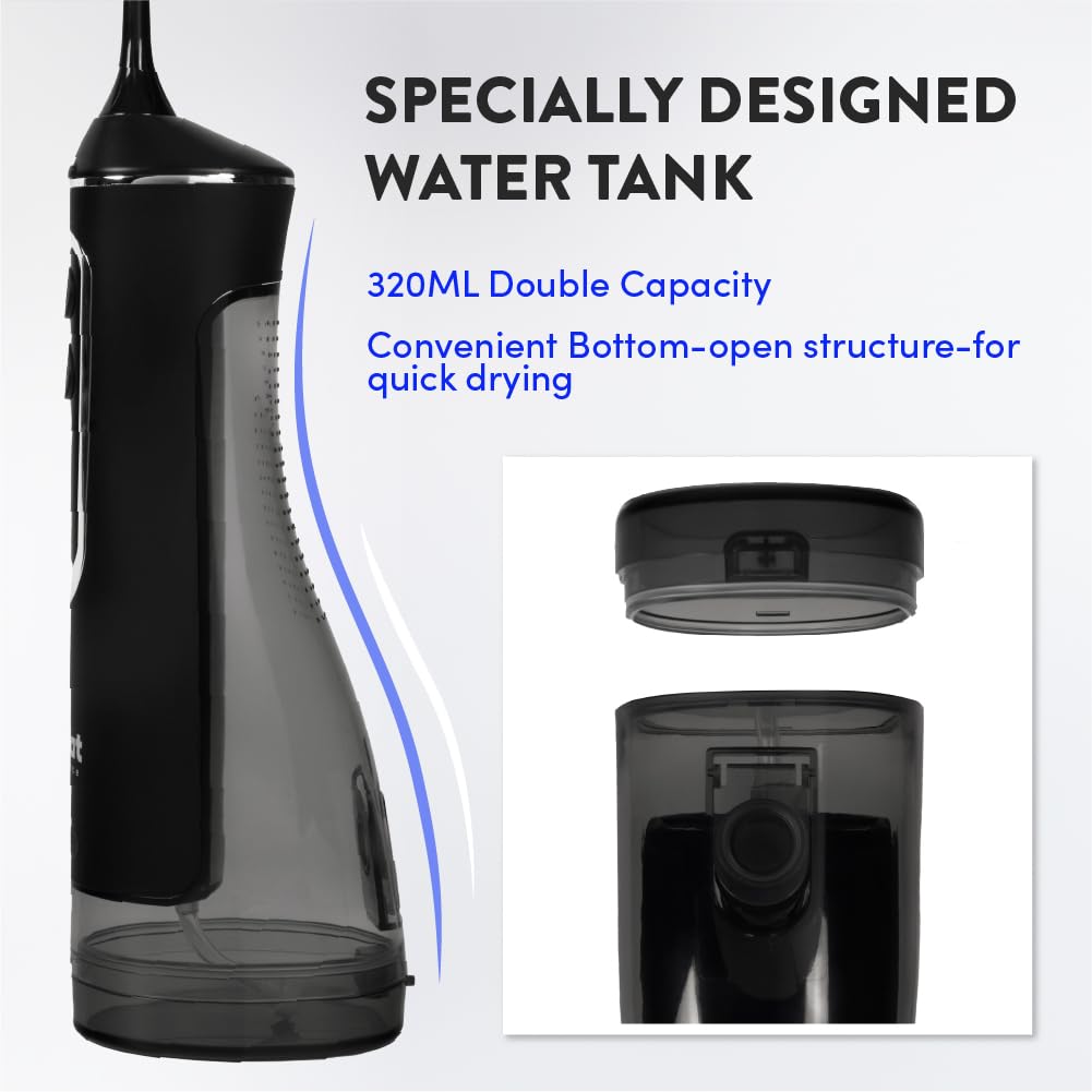 Éclat Irrigador dental eléctrico portátil impermeable para limpieza profunda de dientes, doble tanque de 320 ml, recargable por USB-C, carga de 30 días, 4 accesorios incluidos sin BPA (negro)