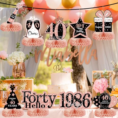 Image of 9Pcs 40th Birthday Decorations Honeycomb Centerpieces for Women, Rose Gold Pink Happy 40th Birthday Centerpieces Tables Toppers Party Decorations Supplies, Vintage 1986 Aged Table Sign Decor
