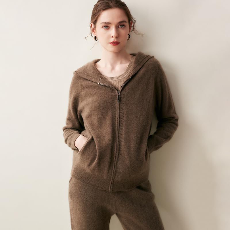 Image of Women's Fall and Winter 100% Cashmere Zipper Open Long Sleeve Hoodie