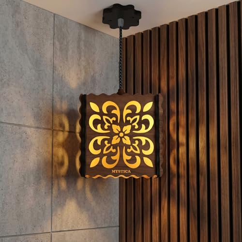 Image of Wooden Pendant Light Lamp, Jumar Light Lamp, Floral Pattern Shade, Decorative Ceiling Lamp | Home Living Room Decor | Wooden Night lamp Ceiling Lamp for Home Decor (6.5X6.5 Inch)