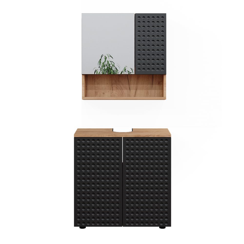 Vicco Bathroom furniture set Irma, Dotted anthracite, 80 cm, includes mirror and washbasin cabinet