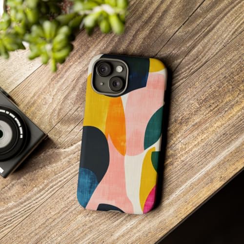 Coque iPhone 15 rigide mate bleu et design abstrait coloré