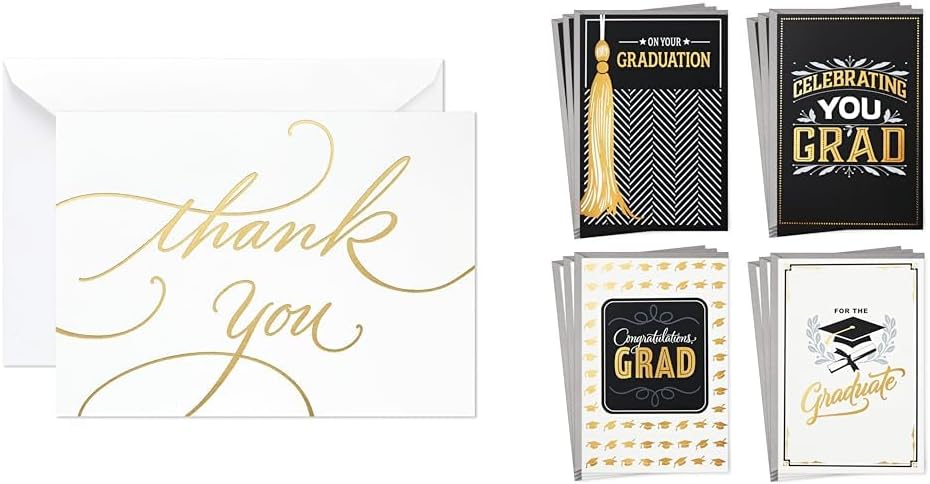 Hallmark Thank You Cards, Gold Foil Script (100 Cards) and Graduation Cards Assortment, Black and Gold (12 Cards, 4 Designs)