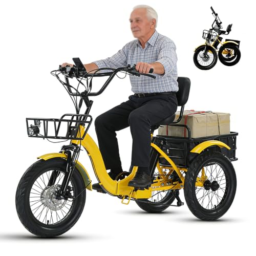 Tricycle Électrique Pliable pour Adulte – 48V 13Ah, Roues 18x3,0, Autonomie 44 km, Phare LED et Klaxon, Paniers Avant et Arrière, Jaune