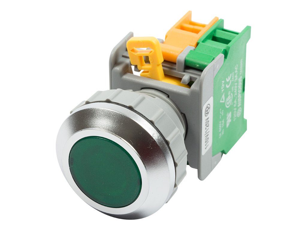 LXB-30 Green 30mm 1NO Momentary Push Button Switch 24V AC/DC LED Illuminated - Flush Top