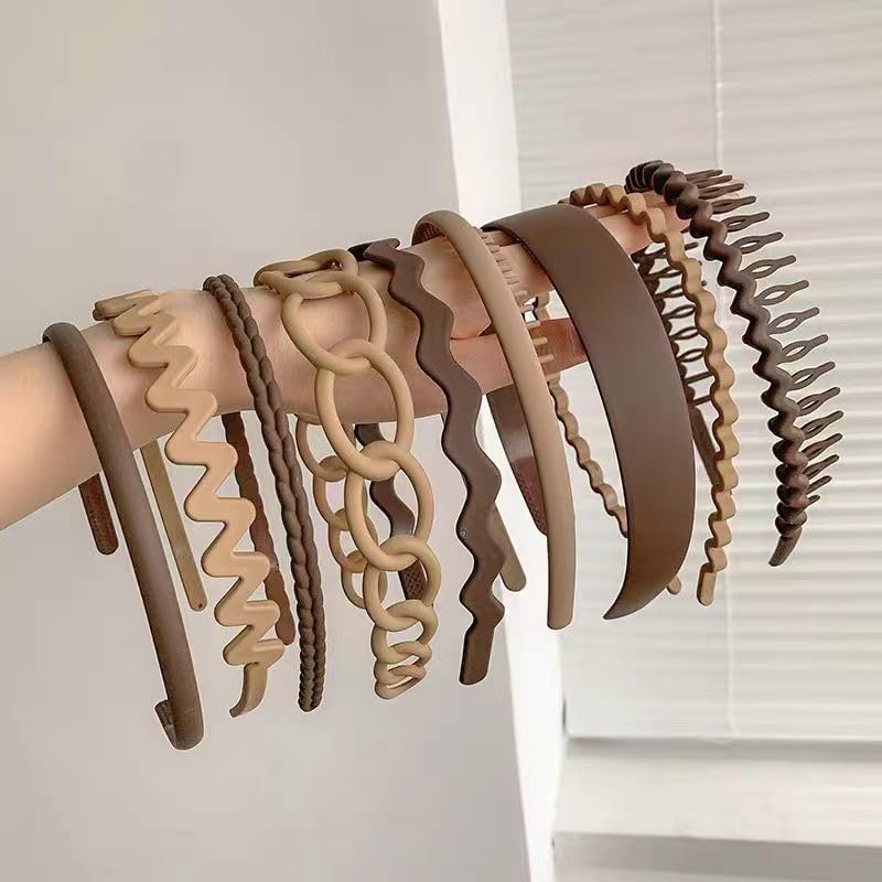 Women 9Pcs Plastic Teeth Hairband Teeth Comb Headbands Matte Hair Bands Non Slip Solid Color Hair Accessories (Darkbrown)