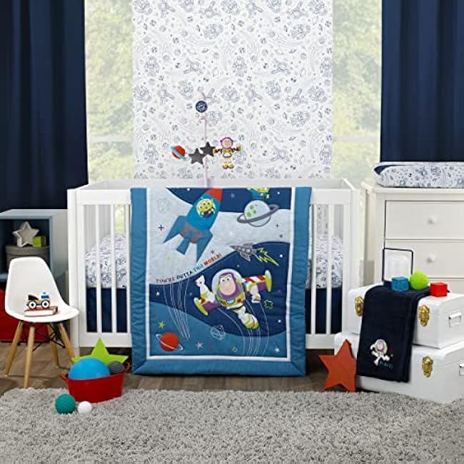 Disney Toy Story Outta This World Blue and Gray 3 Piece Nursery Crib Bedding Set - Comforter, Fitted Crib Sheet, and Crib Skirt