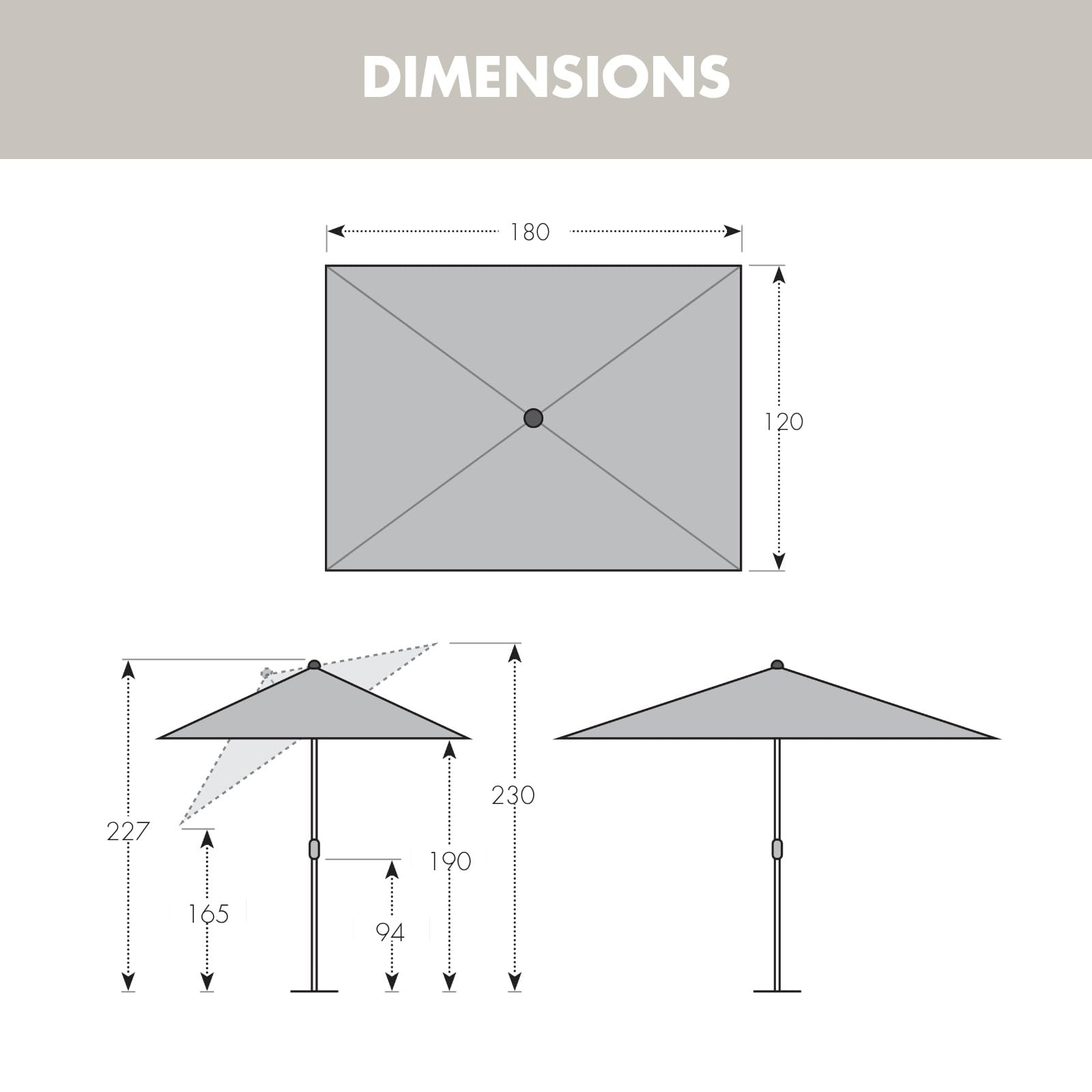 derby Parasol de balcon 180x120cm I Parasol rectangulaire pour balcon & terrasse I Parasol de balcon avec coulisse pour ouvrir I Réglable en hauteur I Parasol de jardin basculant