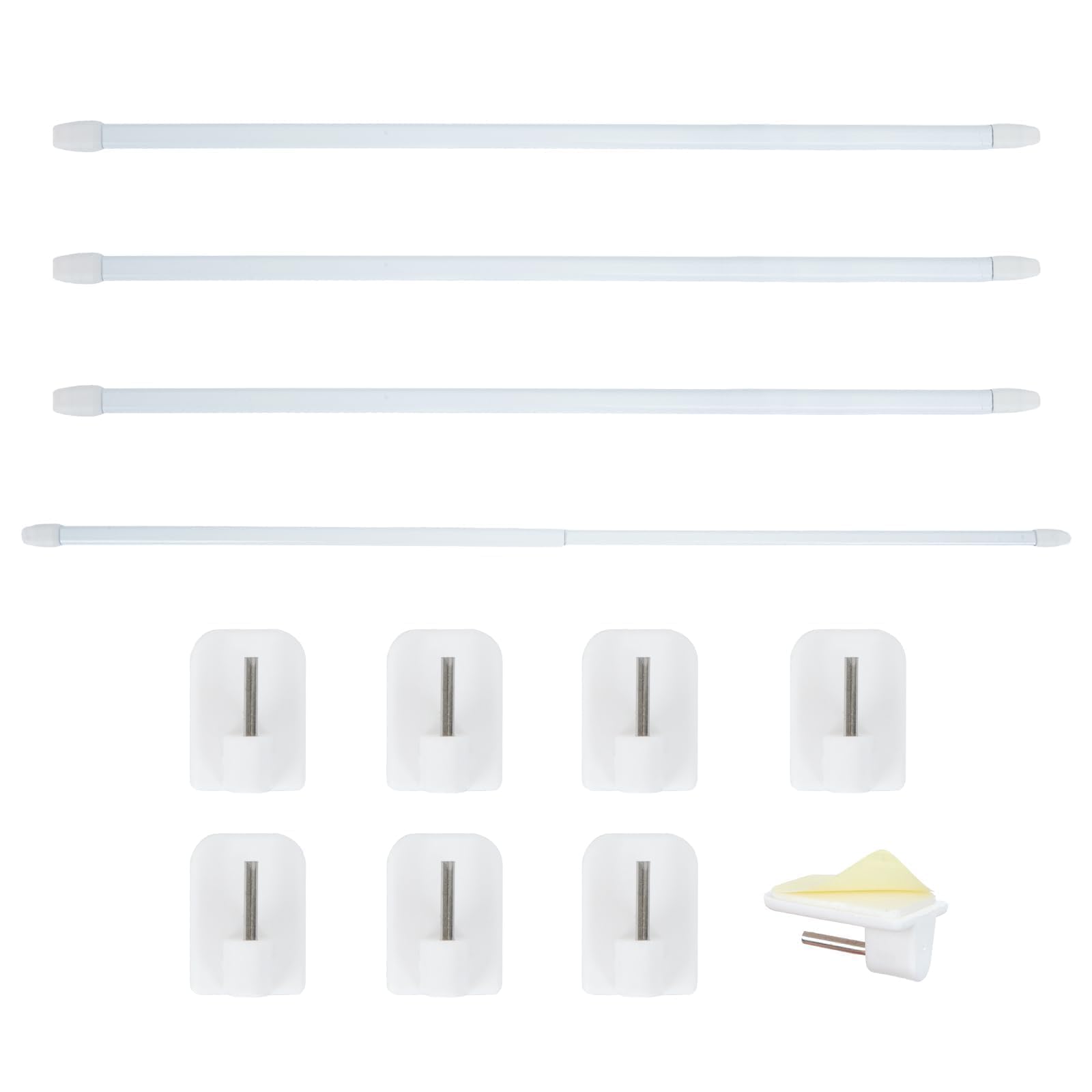 4 Piezas Barras de Cortina Extensible 40-70 cm Barra Ajustable Plástica de Cortina de Ventana + 8 Piezas Ganchos Autoadhesivos Barras de Tensión de Armario Blanco