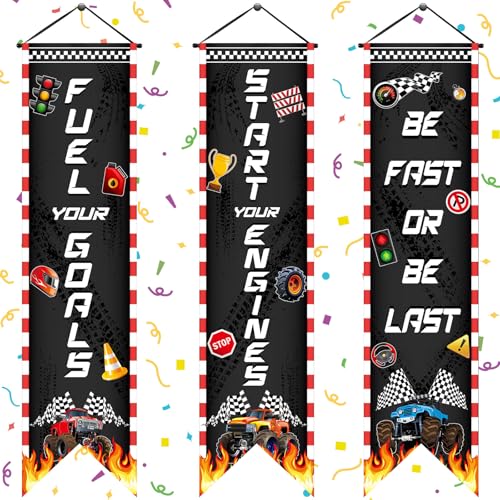 Image of Chiisong 3 Pcs Race Car Party Banners Racing Fans Birthday Decor Monster Truck Hanging Porch Sign Truck Fuel Can Checkered Flag for Car Theme Birthday Party Supplies Inspirational Classroom Decoration