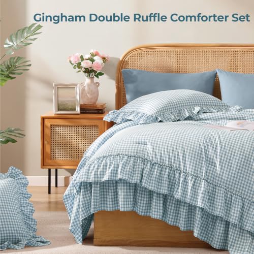 Image of Full Size Comforter Set Blue Gingham Ruffle 7 Pieces Farmhouse Bed in a Bag | Shabby Chic Fluffy Bedding Sets with Sheets, Pillowcases & Shams