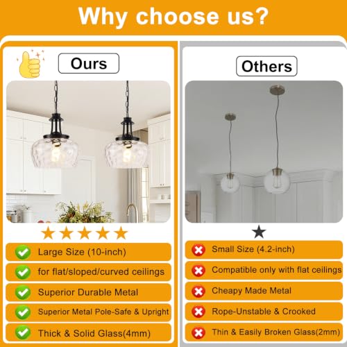 Image of Plug in Pendant Lights Kitchen Island, Modern Matte Black Pendant Light Fixtures with 10 inch Clear Hammered Glass Shade, Industrial Hanging Pendant Lights Fixture for Kitchen Island Dining Room Entryway