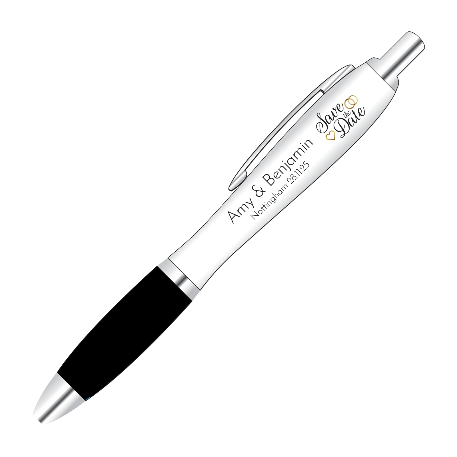 Full colour printed save the date wedding rings design pen with personalised text options and a black grip
