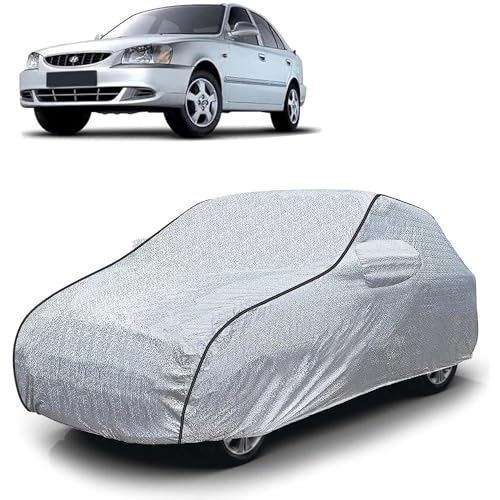 Image of Sulfar 100% Waterproof Car Body Cover Compatible with Mirror for Hyundai Accent Viva (Triple Stitched, Full Bottom Elastic, Magic Silver with Black Piping)