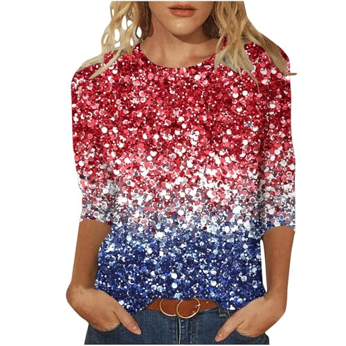 Image of Fourth of July Shirts for Women 3 /4 Sleeve Summer Tops American Flag Print T Shirt Patriotic 4th of July Shirts 2025