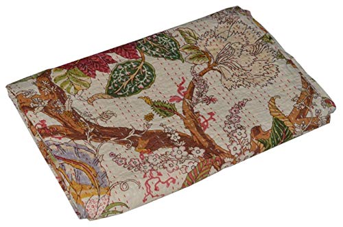 YUVANCRAFTS Traditional Floral Print Kantha Quilt Handmade Pure Cotton Kantha Quilt Queen Blanket Bedspreads Throw