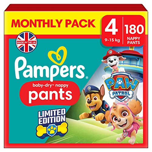Pampers Baby-Dry Nappy Pants Paw Patrol Edition Size 4, 180 Nappies, 9-15kg, Monthly Pack, With A Stop & Protect Pocket To Help Prevent Leaks At The Back