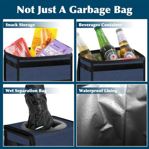 Image of Femuar Leak Proof Car Trash Can with Lid, Collapsible Hanging Waterproof Car Trash Bag with Mesh Pocket for SUV Front Seat Headrest, Dark Blue