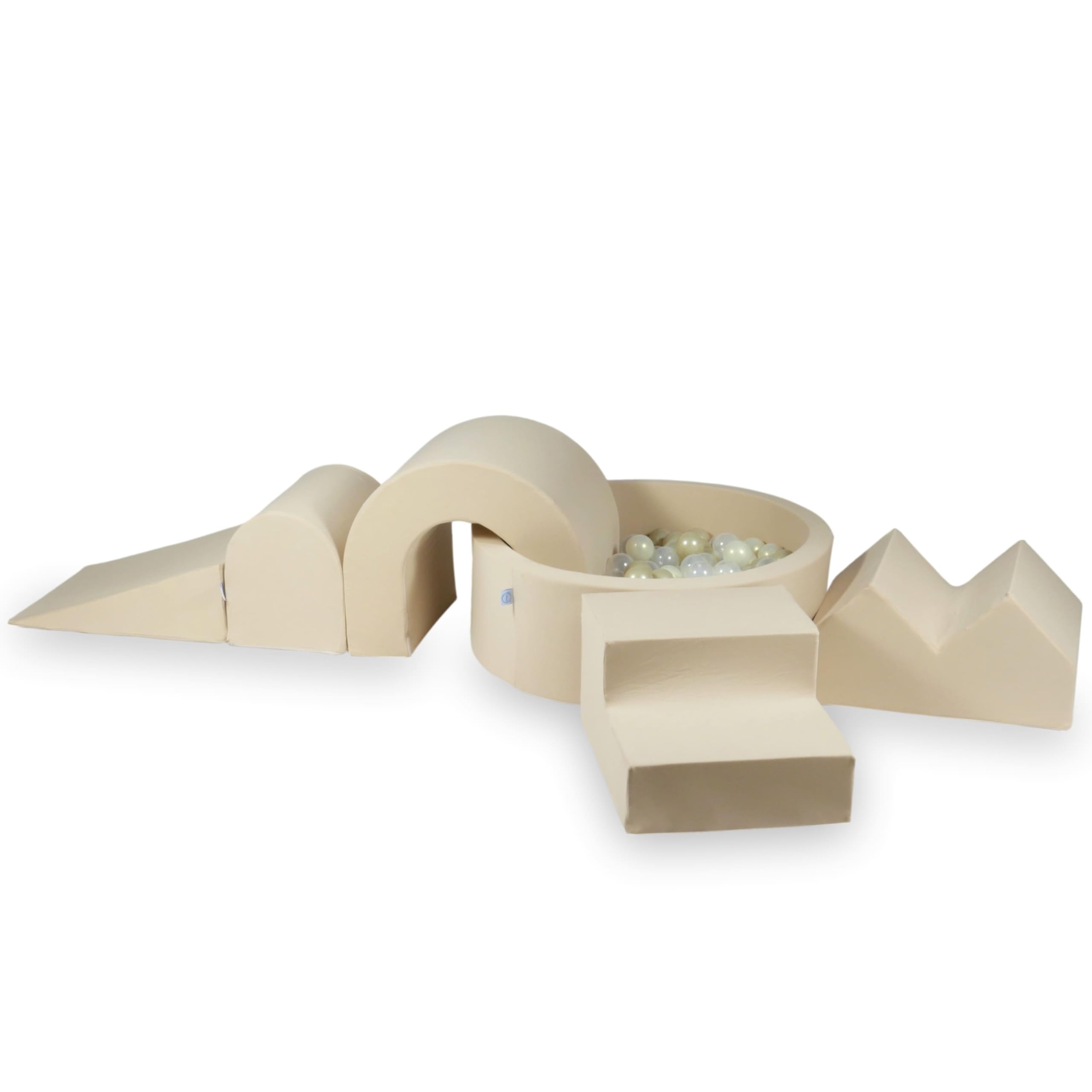 Mimii Parco giochi in schiuma con piscina di palline rotonda, 90 x 30 cm, beige, grandi mattoncini per gattonare e arrampicarsi (200 palline: trasparente/oro chiaro/opale)