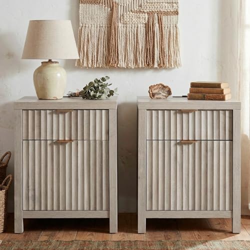 Image of Walsham Fluted Nightstands Set of 2 with Charging Station, Grey Oak