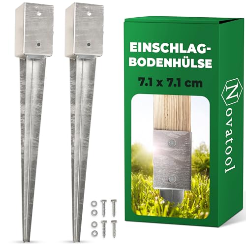 Novatool Juego de 2 casquillos para suelo de impacto 71 x 71 x 750 mm, casquillo de suelo, sombrilla, postes de valla, postes de madera, manguito de impacto, anclaje para suelo, estaca para clavar