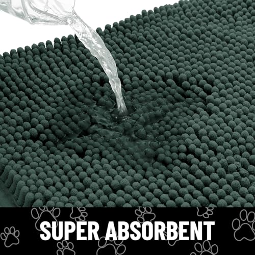 Image of Smiry Dog Door Mat for Muddy Paws, Absorbent Dirt Trapper Non Slip Quick Dry Washable Chenille Mat for Mud Dogs, Entry Rug for Indoor and Outdoor (47x24 Inches, Green and White)