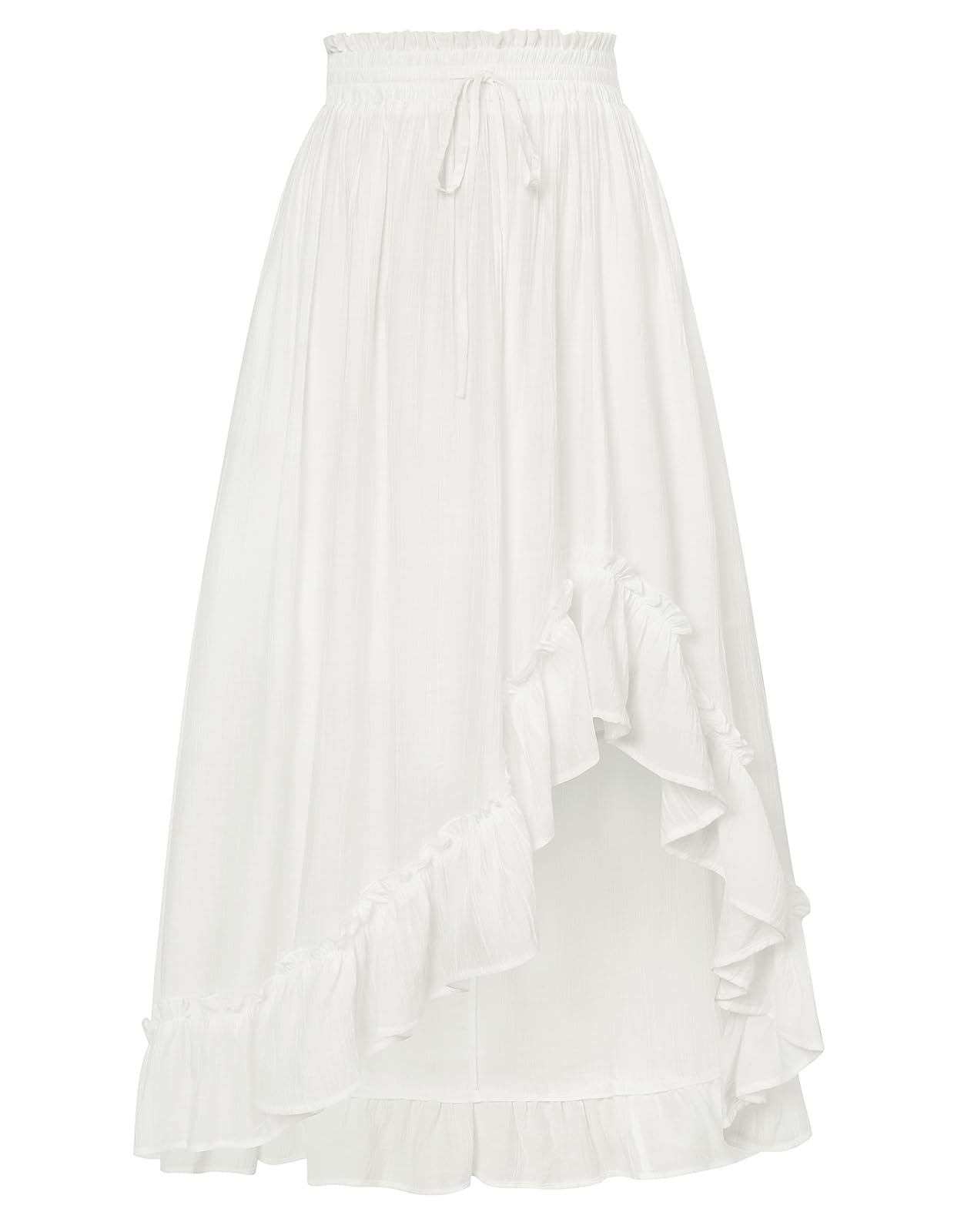 Scarlet Darkness Renaissance Midi Skirt Asymmetrical Ruffle Summer Flowy Skirt with Pockets, White, M