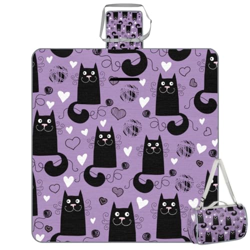 Shimoshe Picnic Blankets 57”x 59”, Lovely Black Cat Waterproof Sandproof Picnic Mat Lightweight Foldable Beach Blanket for Camping Park Grass Beach Outdoor Blanket