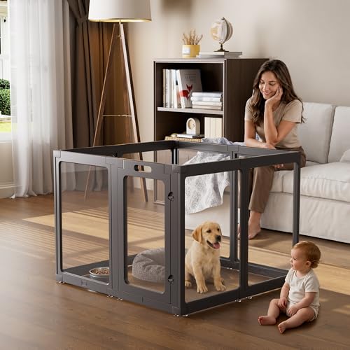 Image of Clear Acrylic Dog Playpen Indoor, Puppy Cat Small Pet Play Pen, Pet Cat Playpen for Rabbits, Dog Fence Crate Kennel Whelping Cage (35 inch, Black, 8 Panel)