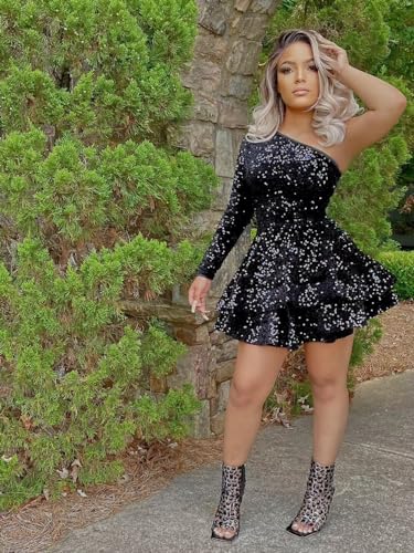 OFEECHUN Women's One Shoulder Sequin Homecoming Dress Short Sparkly Layered Long Sleeve Cocktail Gowns2