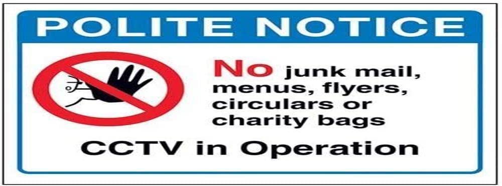 V Safety Polite Notice: No Junk Mail, Menus Or Flyers Sign - 200mm x 150mm - Self Adhesive Vinyl