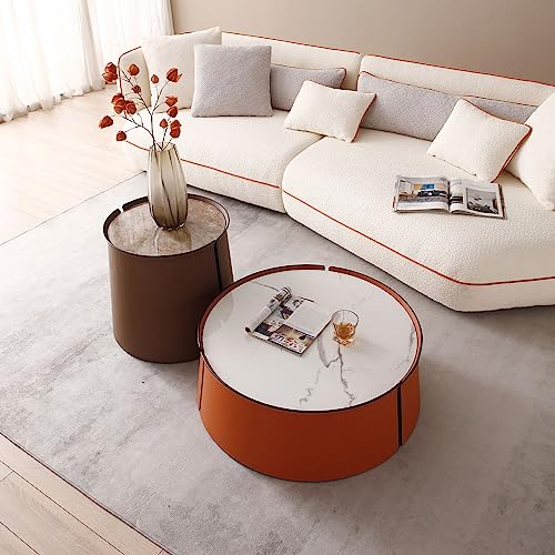 KEVINSPACE Coffee Table Set of 2 Faux Marble, Orange 2 in 1 Modern Coffee Table and Side Table, Round Nesting Coffee Table, End Table Wood Circle Drum Coffee Table for Living Room, Bedroom, Office KEVINSPACE Coffee Table Set of 2 Faux Marble, Orange 2 in 1 Modern Coffee Table and Side Table, Round Nesting Coffee Table, End Table Wood Circle Drum Coffee Table for Living Room, Bedroom, Office