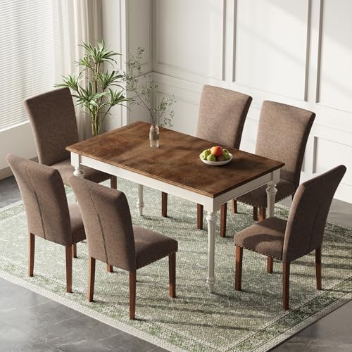Image of Farmhouse Dining Chairs Set of 6, High Back with Wooden Legs and Nailhead Trim, Modern Fabric Dining Room Chair for Kitchen /Restaurant