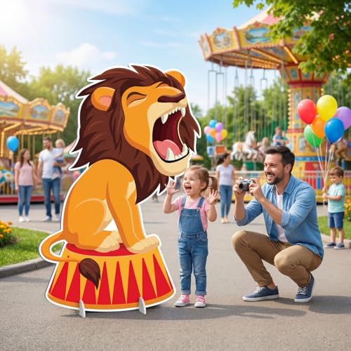 Image of Qunclay 4ft Circus Lion Cardboard Cutout Carnival Party Decoration Life Size Lion Photo Booth Prop Stand up Display Backdrop Decor for Carnival Birthday Party Supplies