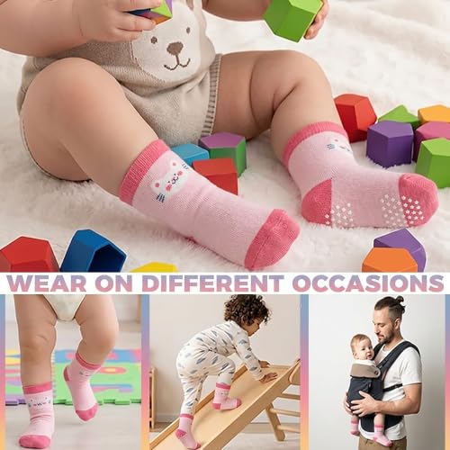 Unisex Baby Non Slip Socks, 12 Pairs Soft Cotton Cartoon Ankle Crew Socks, Breathable Anti-Slip Floor Crawling Socks with Grips for Kids Toddler Infant Boys Girls 0-1/1-3/3-5 Years - Image 3