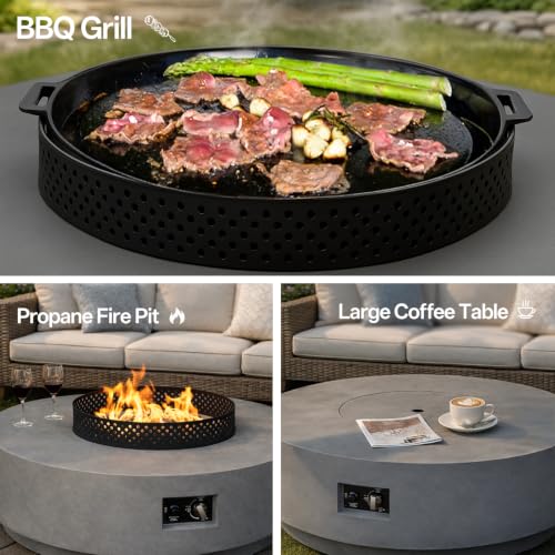 Image of Gas Fire Pits for Outside Patio, 42 Inch 3-PC Propane Fire Pit Table | 65,000 BTU Round Gas Firepit, with Wind Guard, Tank Cover, Rain Cover and BBQ Grill for Garden, Patio, Grey