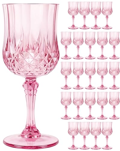 SDBALLBZ Plastic Wine Glasses Set 7oz Vintage Goblets Shatterproof Unbreakable Reusable & Disposable Drinking Glasses with Stem for Wedding Outdoor Dinner Party (24pcs Pink)