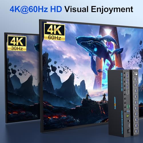 Image of 10 Port 8 Port HDMI KVM Switch 4K@60Hz EDID Simulation, USB3.0 KVM Switch HDMI for 10 Computers Share 1 Monitor and 4 USB Devices, KVM Switches with Audio RS232 Wired Remote 12V Power and USB Cable