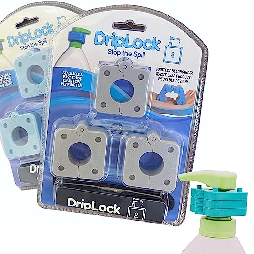 DripLock Reusable Stackable Device to Prevent Pump Bottles from Spilling in Travel Bags Or for Quanity Control. 5 Pack and Travel Bag Included. Great for Any Type of Travel. (Light Gray)