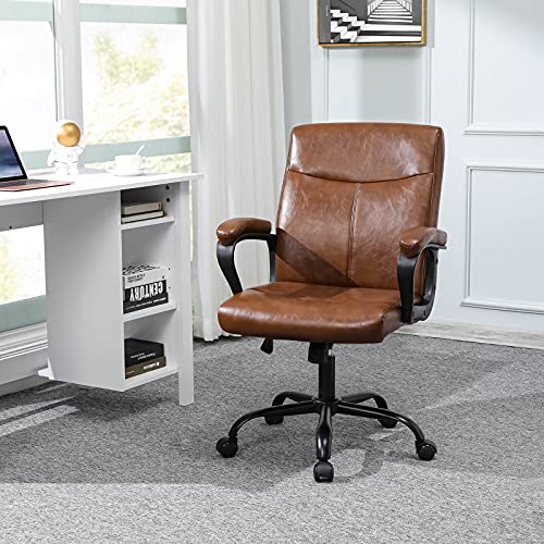 DICTAC Executive Office Chair Brown Leather Managerial Chair Home Office Desk Chair Adjustable Computer Chair Swivel Task Chair with Padded Armrests