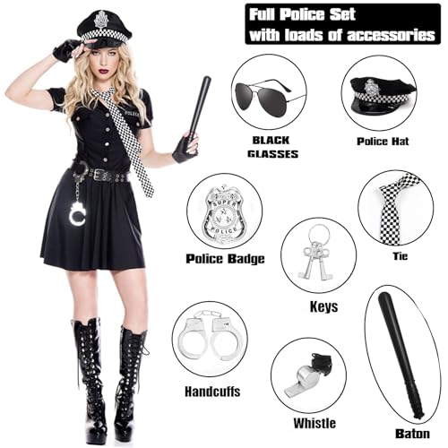 Pipihome Adult Police Costume Women, 8 Pcs Accessory Set including Police Hat, Handcuffs, Badge, Tie, Key, Baton - Image 2