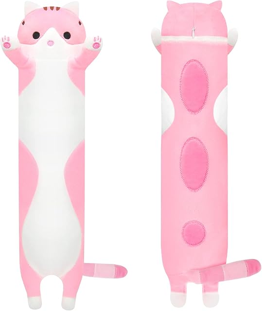 Cat Pillow Plush Cartoon Kitty Sleeping Hugging pillow, Cuddly Soft Long Kitten Body Pillow Doll Cat Toy for Kids Girlfriend(50cm pink)