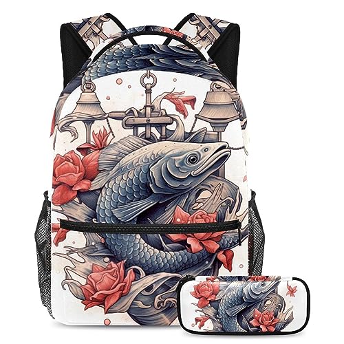 Sac à dos poisson et fleurs multicolore avec grand volume de rangement pour fournitures