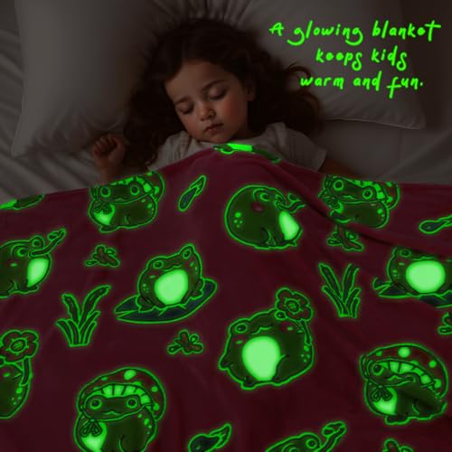 Image of Glow in The Dark Frog Blanket, Pink Frog Gifts for Girls Kids Age 3 4 5 6 7 8 9 10, Soft Cozy Flannel Kids Throw Blanket, Birthday Graduation Gifts Bedroom Decor 50 inchx60 inch